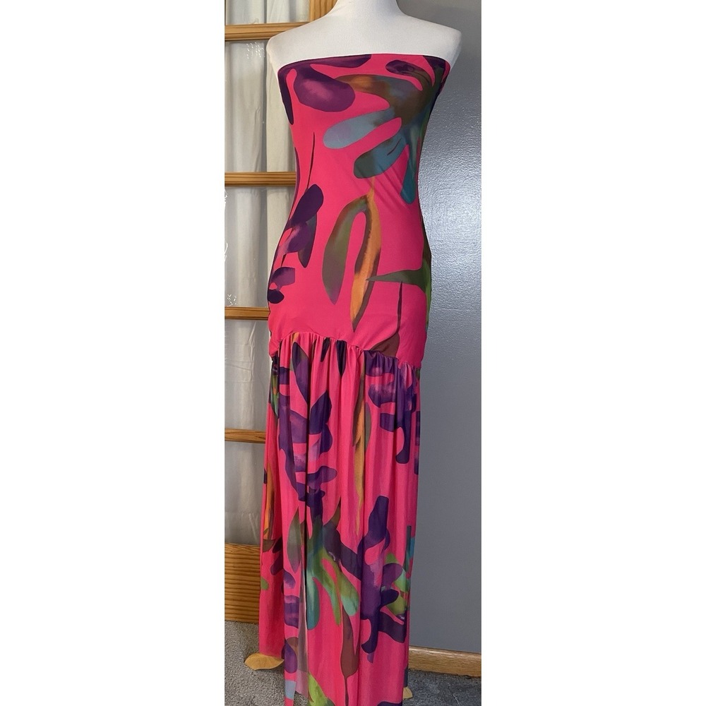 Strapless Mermaid Maxi Dress Sz M Pink Abstract Front Slit Party Whimsical